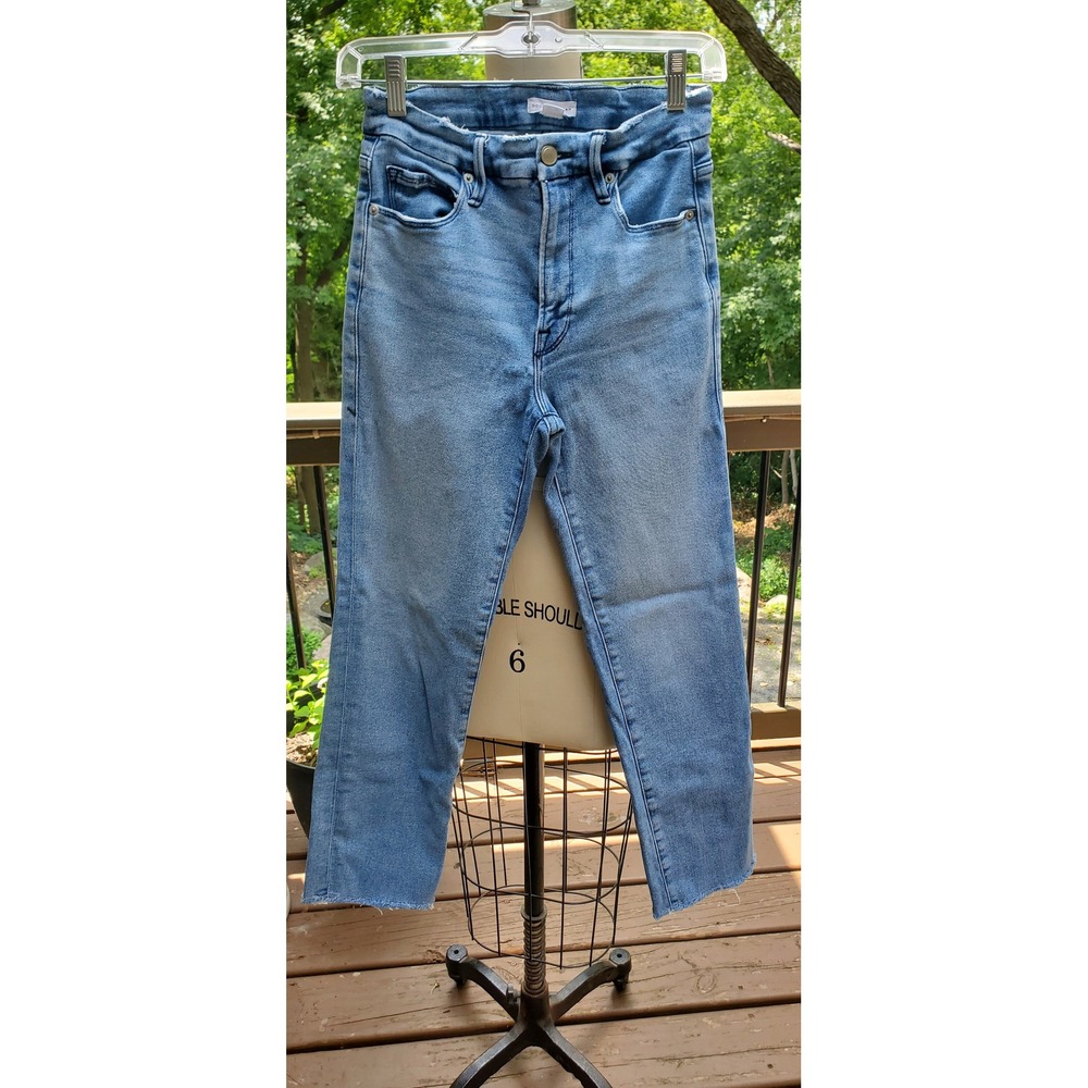 Good American High Rise Straight Leg Blue Jeans Raw Hem GSPFH941T Womens 4 27